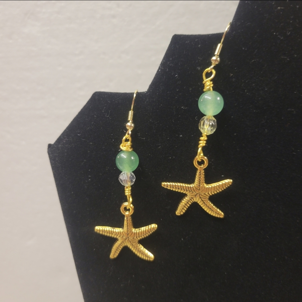 Gold and Green Aventurine Bead Earrings with a Starfish Charm